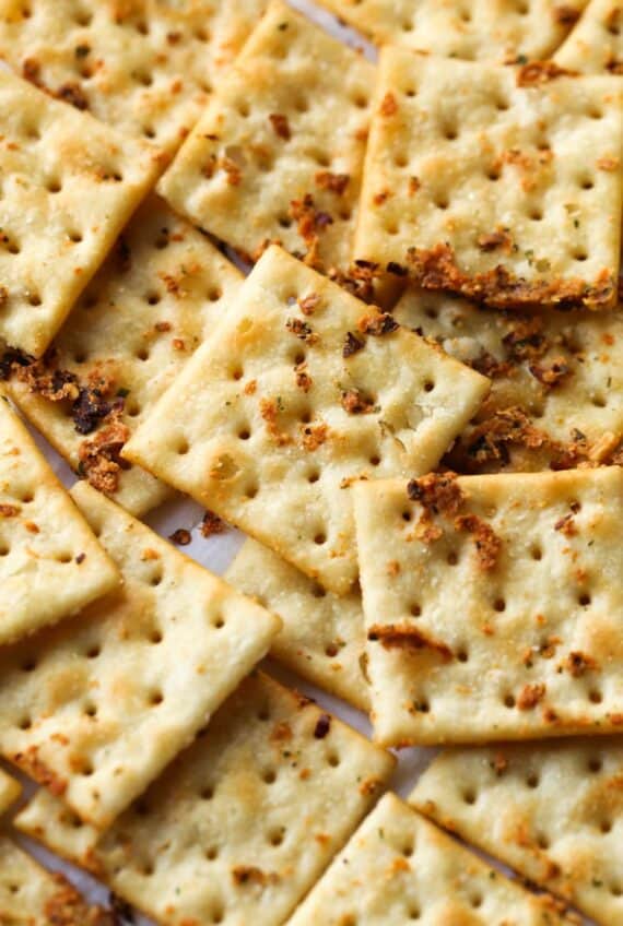 Seasoned Saltines on a baking sheet