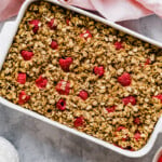Raspberry baked oatmeal in a pan.