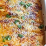 casserole dish with cheese covered enchiladas