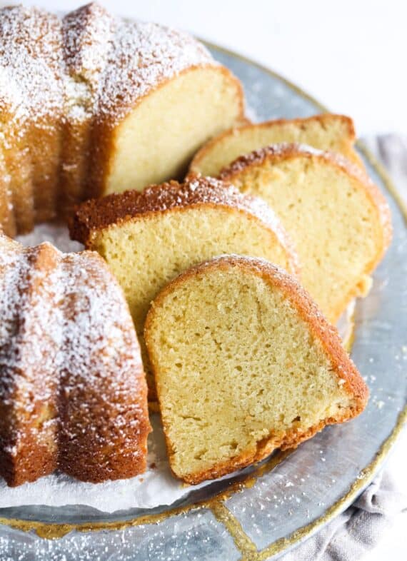 Sour Cream Pound Cake Sliced on a Platter