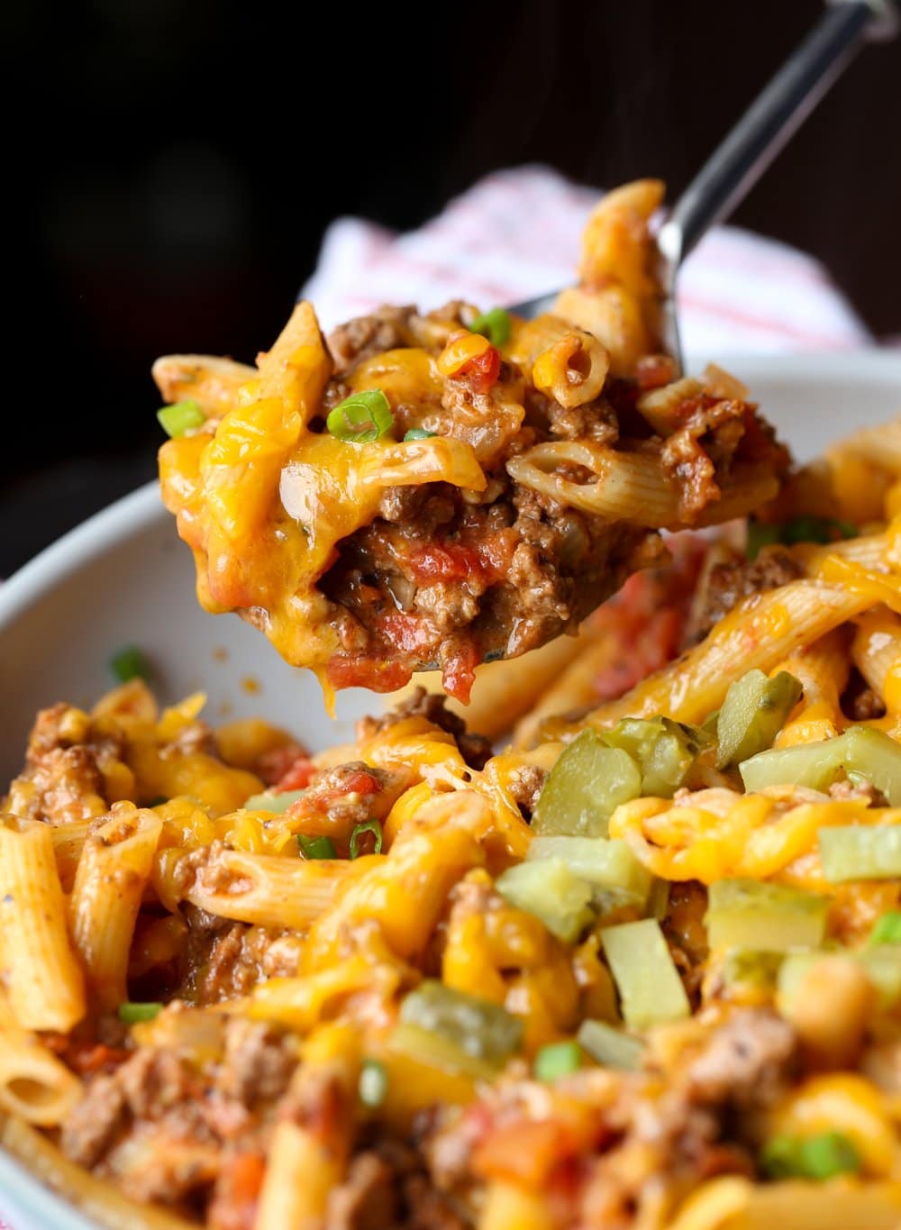 Scoop of Cheeseburger Pasta in a skillet