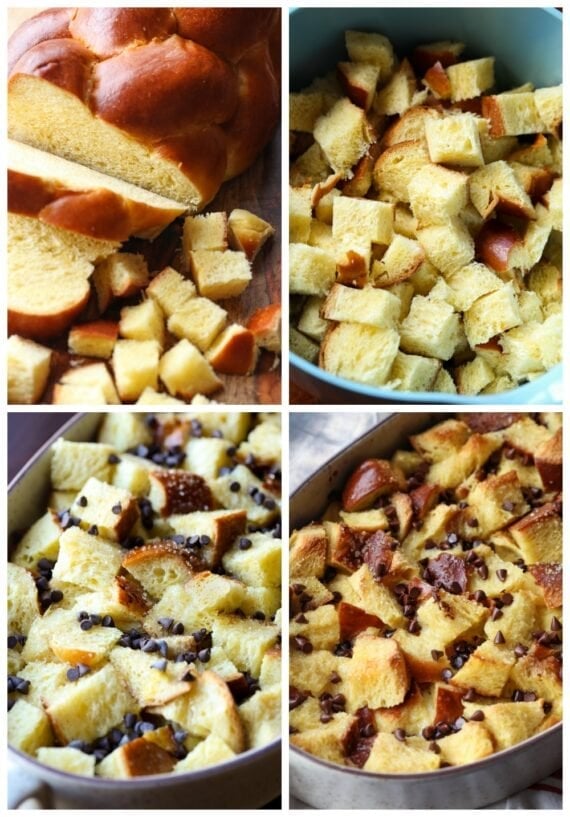 Four images of bread pudding in the process of being made. Cubbing bread, mixing ingredients, soak the bread, baking the bread
