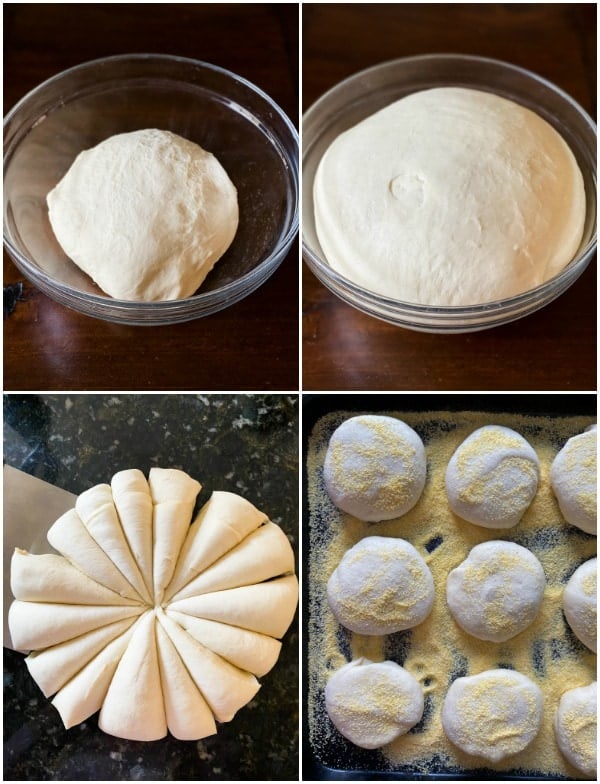Collage of images showing the steps of preparing English muffin dough