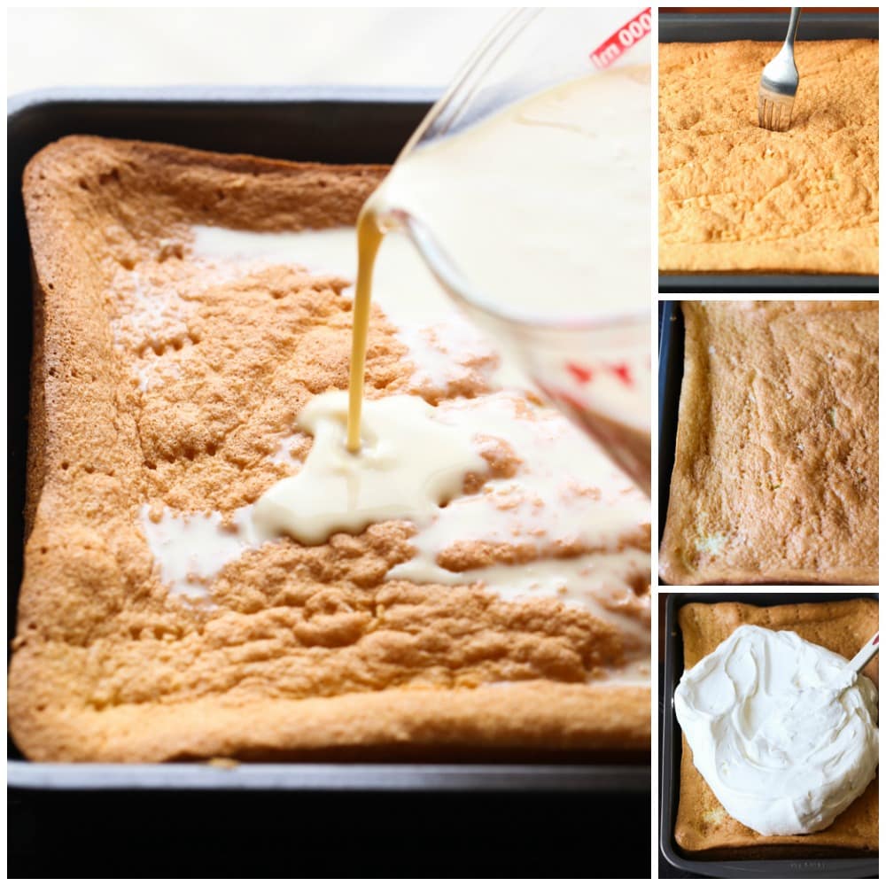 A collage of images showing the steps to make Tres Leches Cake
