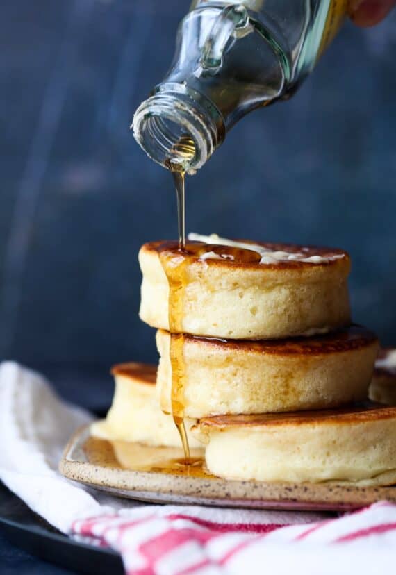 Thick Japanese Pancakes with syrup poured on top