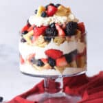 Assembled Berry Pound Cake Trifle in a glass trifle dish.