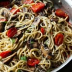 Mushroom and Garlic Butter Pasta in a pan.