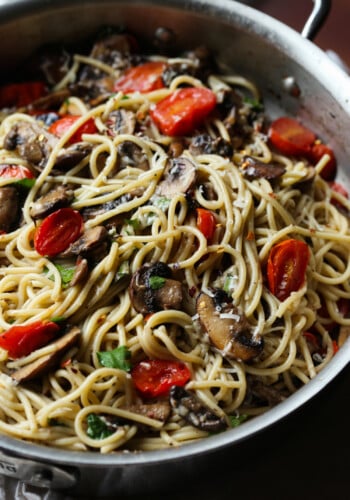 Mushroom and Garlic Butter Pasta in a pan.