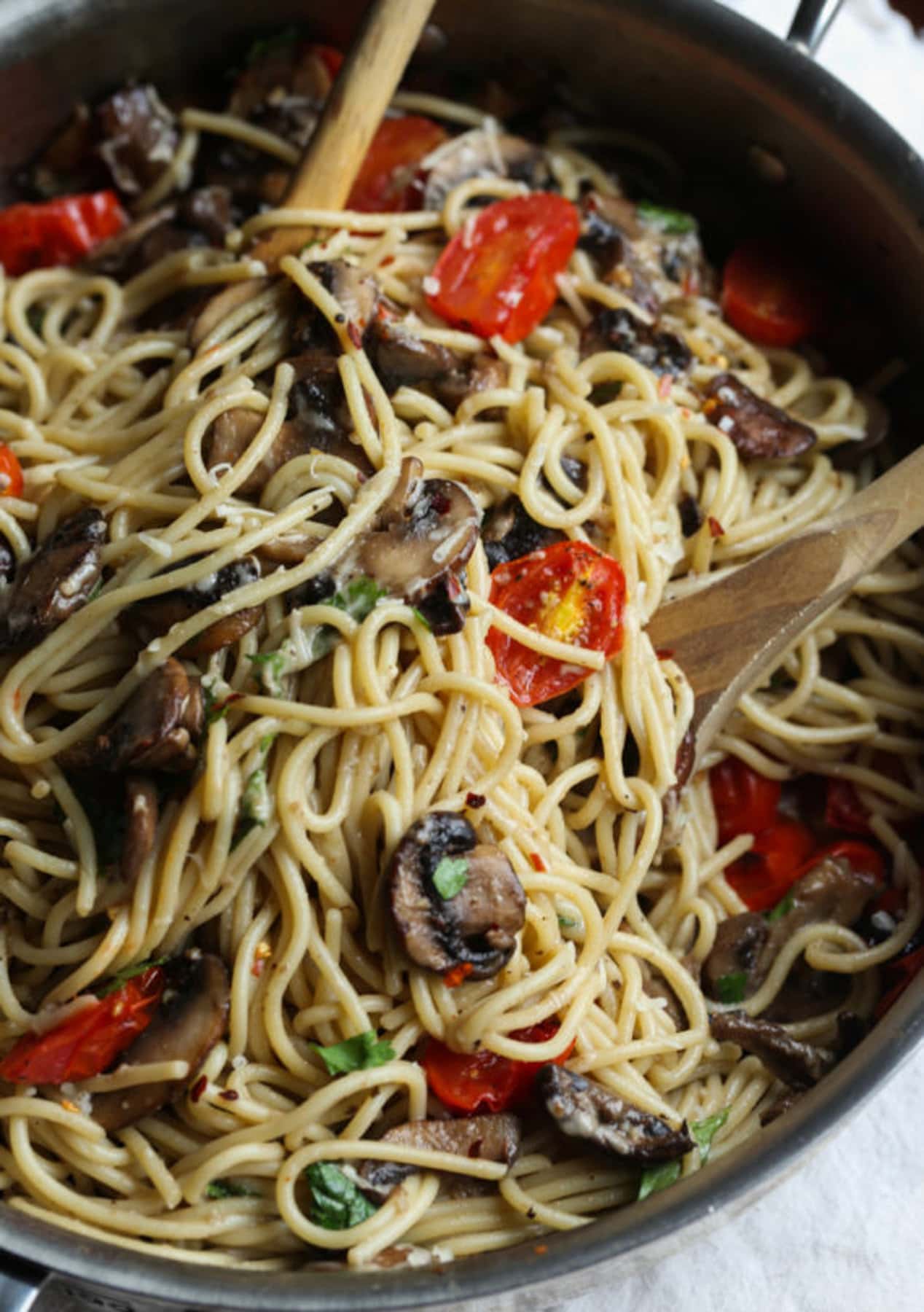 Mushroom and Garlic Butter Pasta in a Skillet