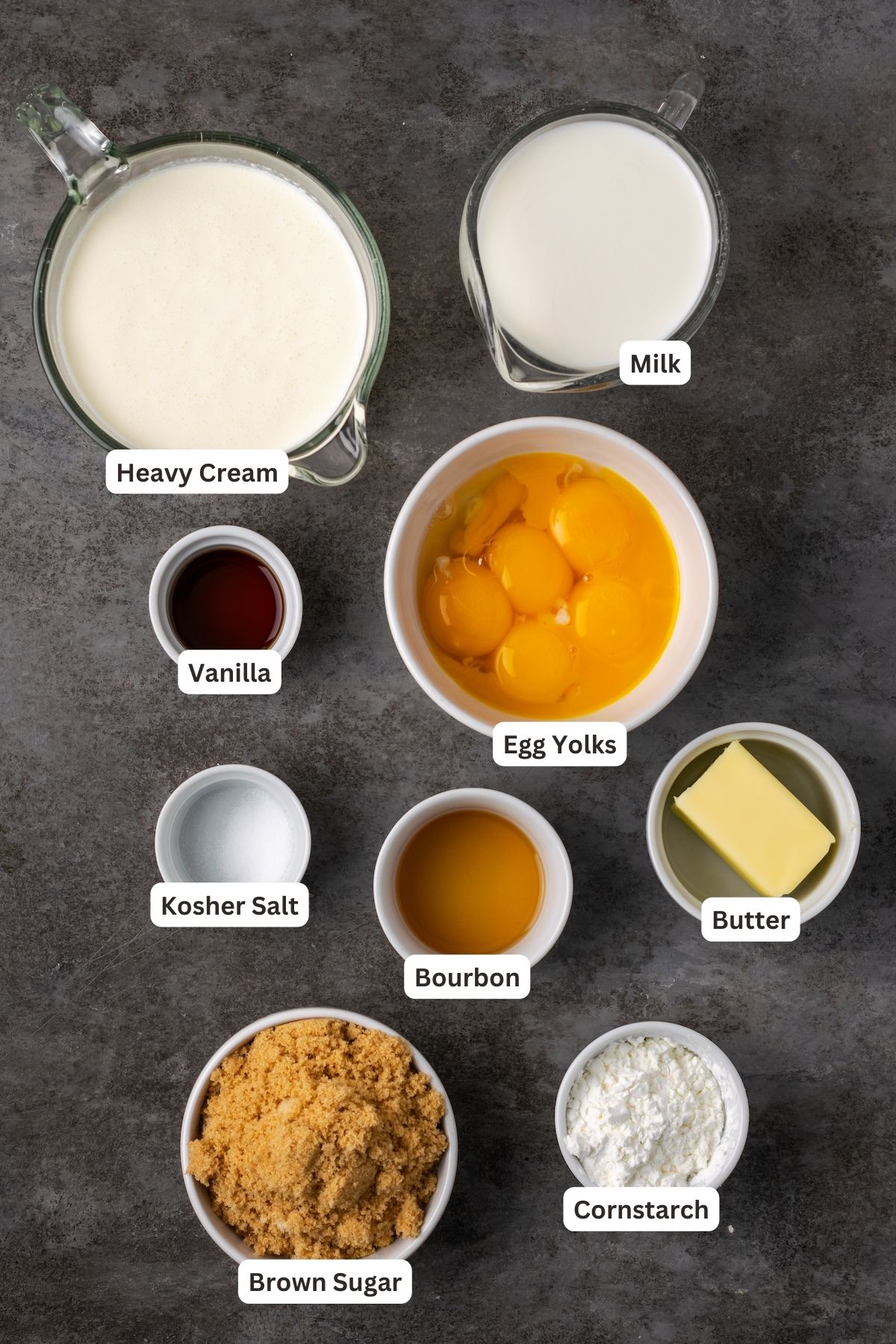Ingredients for butterscotch pudding with a text label overlaying each ingredient.