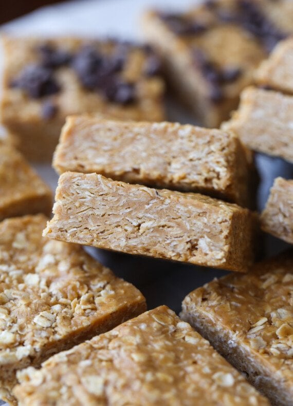 No Bake Peanut Butter Oatmeal Bars cut into squares