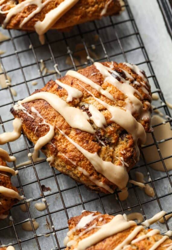 Chocolate Chip Banana Scone with icing drizzled on top