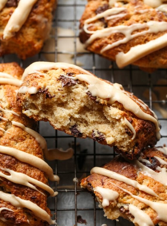 Banana Scone broken in half with flaky layers