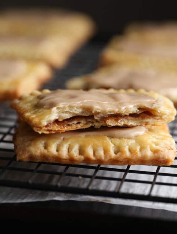 A homemade pop tart broken in half to reveal the brown sugar filling