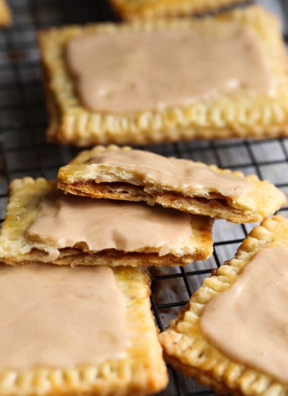 A homemade pop tart broken in half to reveal the brown sugar filling