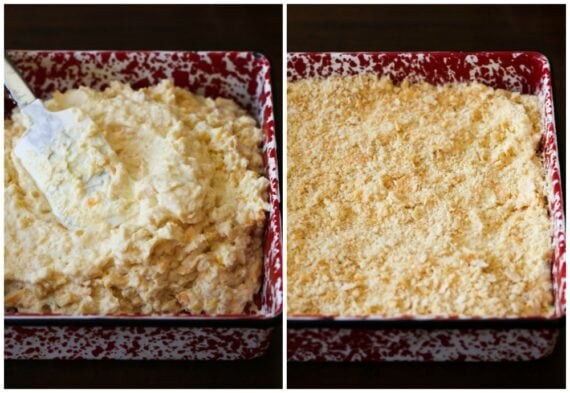 Spatula smoothing corn casserole into a dish in prep for baking