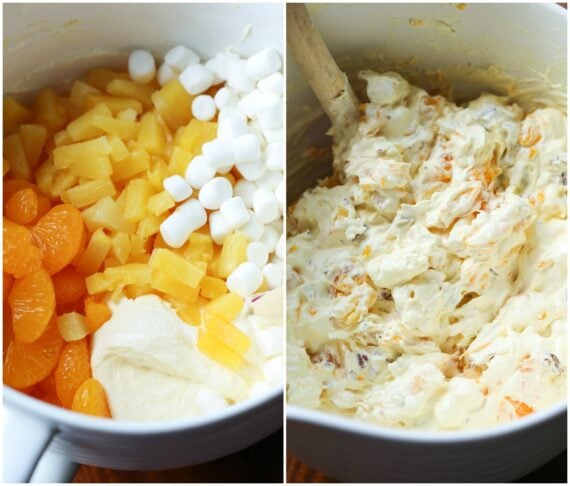 A side by side image showing the ingredients in the orange cream fruit salad before and after being mixed together.