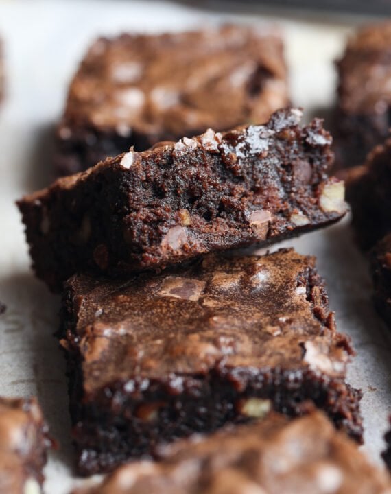 Brownies cut in half with nuts