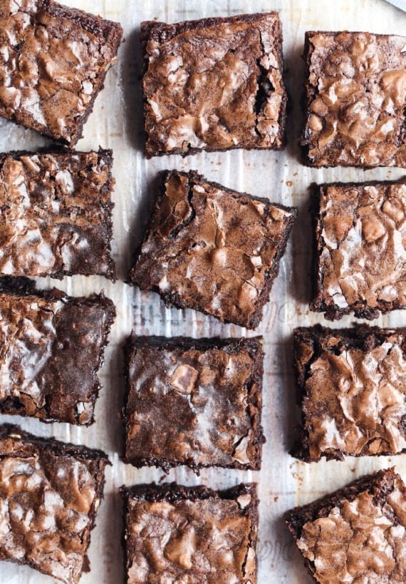 Brownies cut on parchment paper