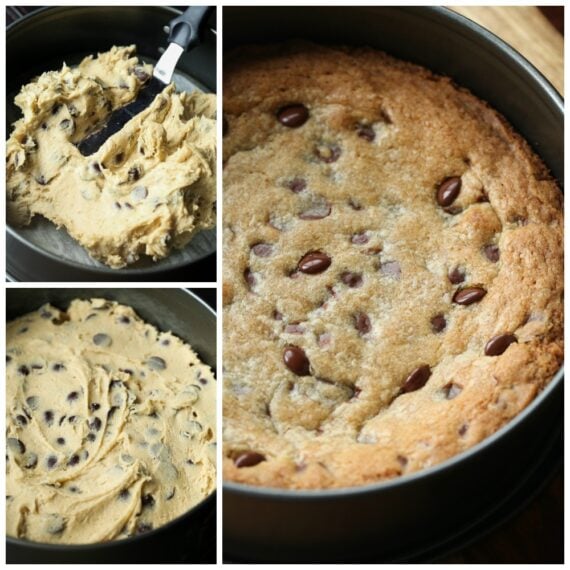A Collage of Chocolate Chip Cookie Batter and Cake in the Pan