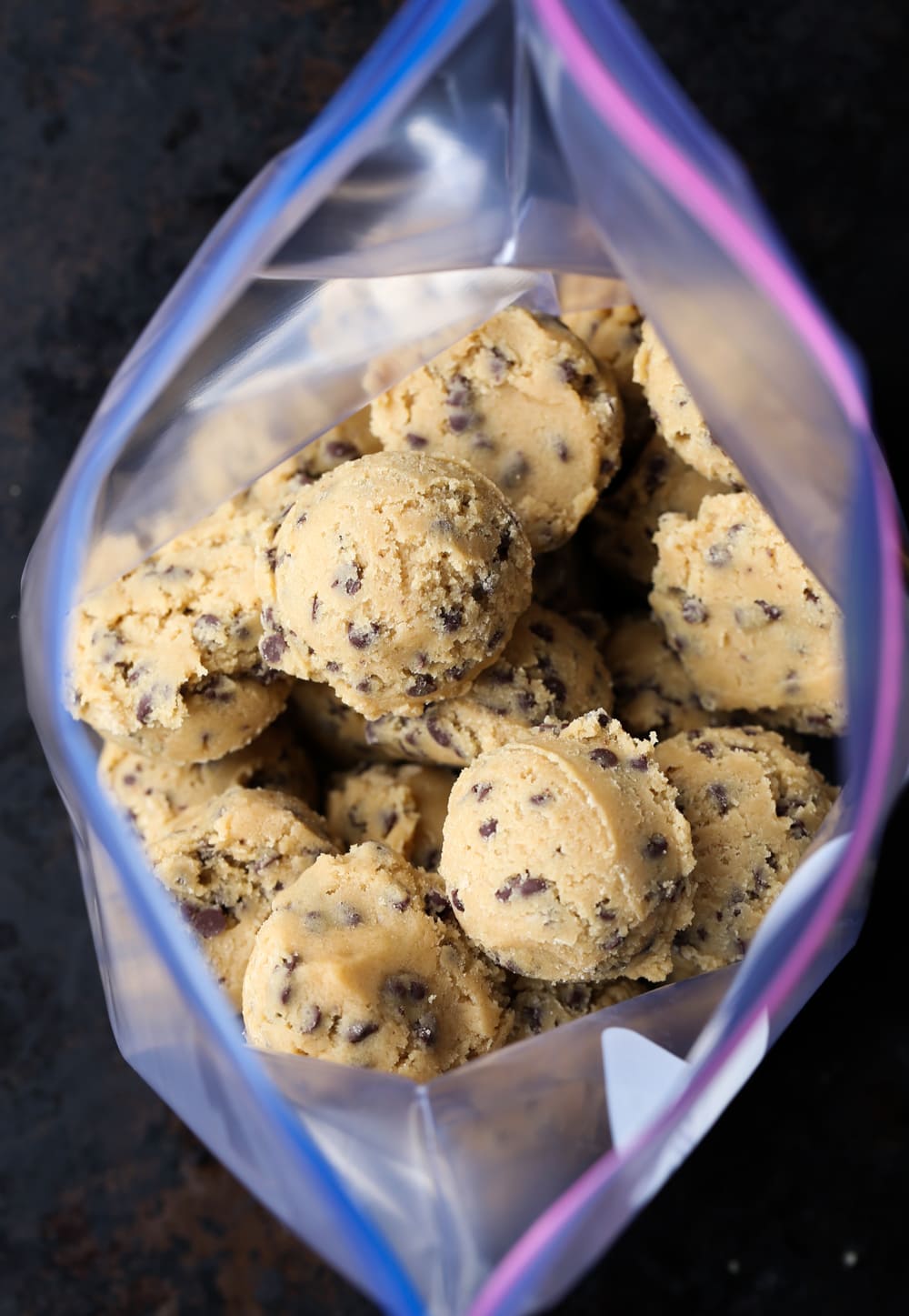 A Bag Full of Frozen Chocolate Chip Cookie Dough Balls