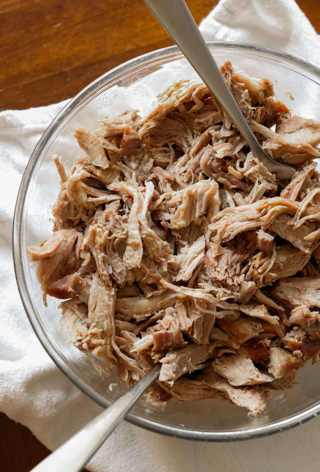 Pulled pork in a glass bowl