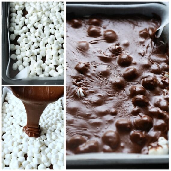 A Collage of Chocolate Frosting being Poured over Marshmallow Brownies