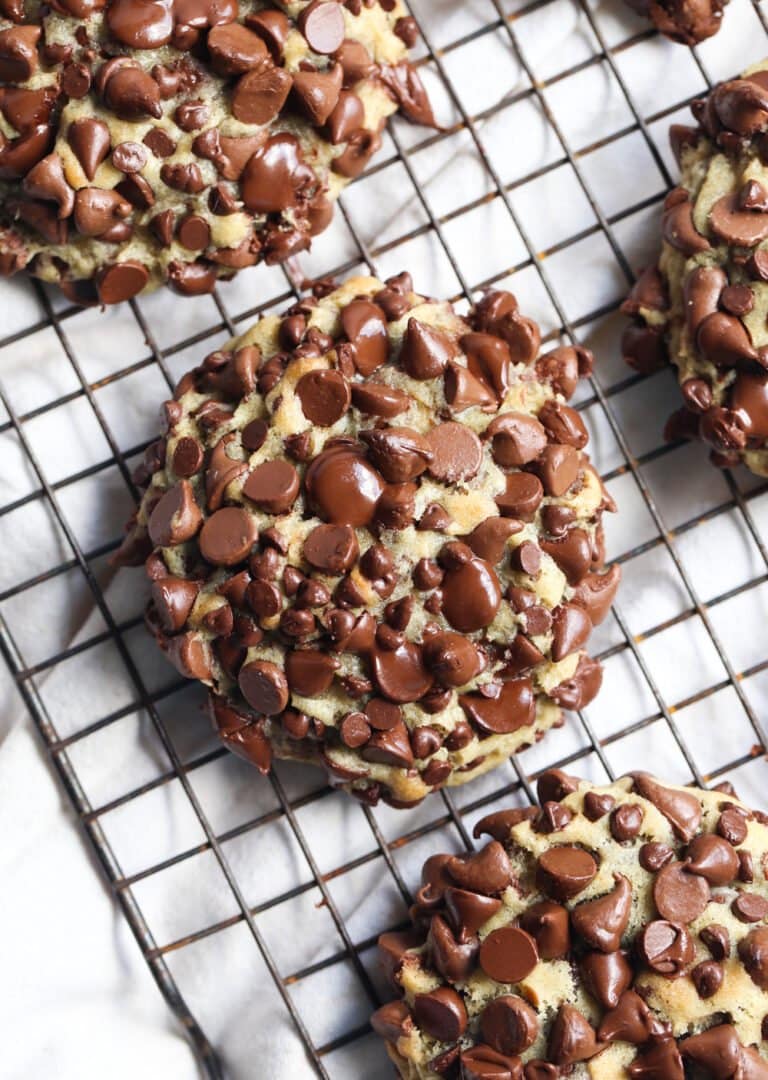 The ultimate chocolate chip cookie on a wire rack