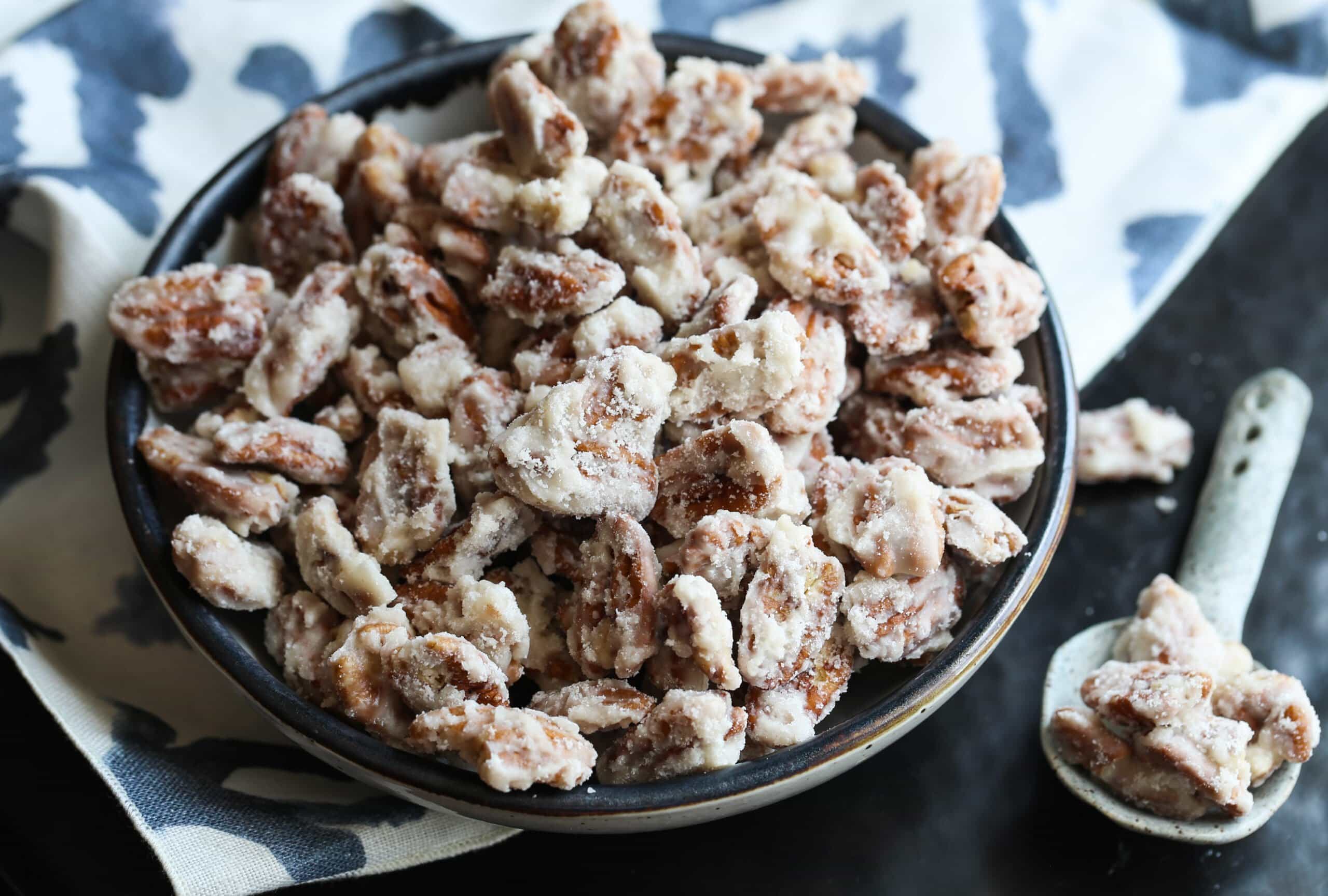A bowl of candied pecans
