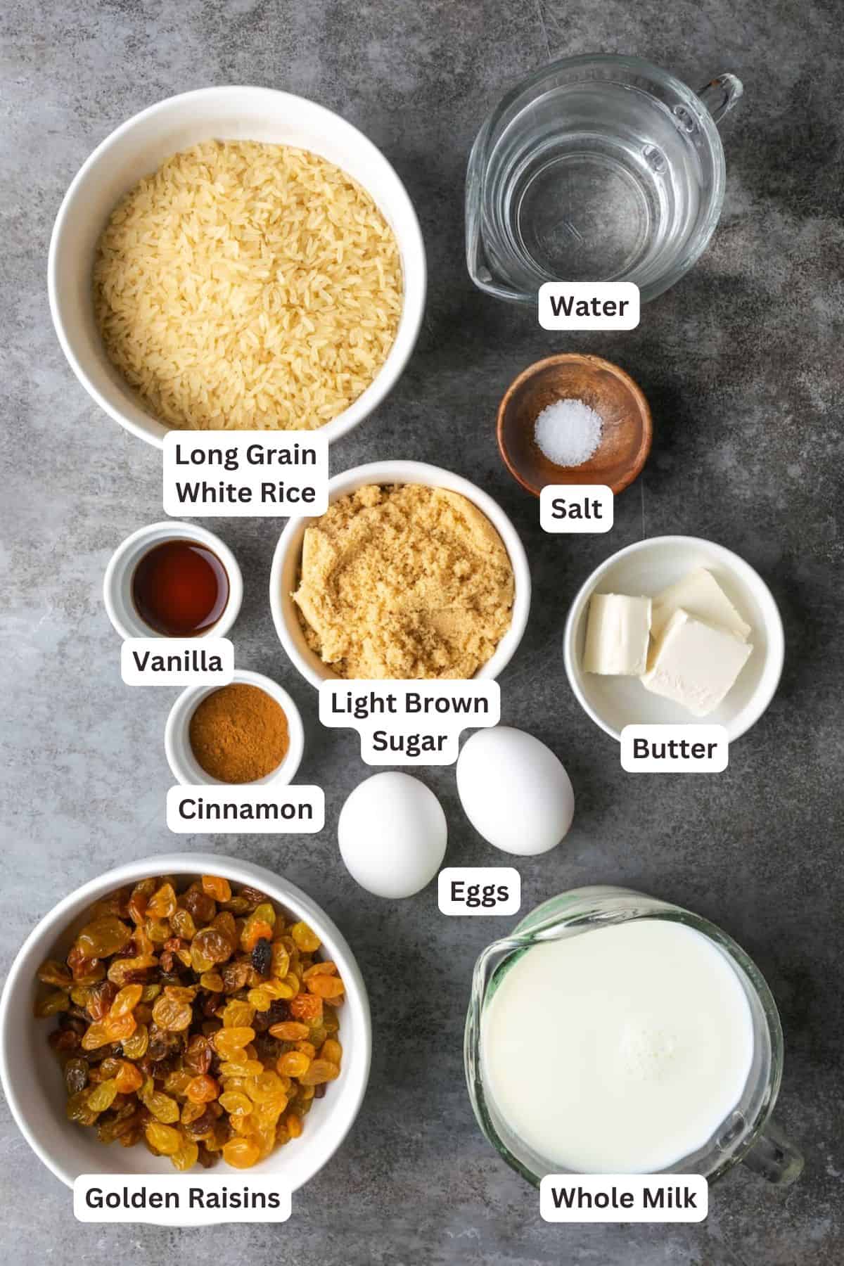 Ingredients for Creamy Rice Pudding.