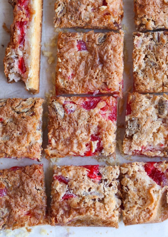 Overhead shot of cherry bars cut on a platter