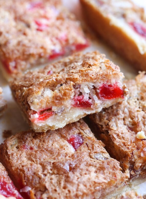 Close up of cherry bar cut in half