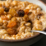 Close up view of a bowl of creamy rice pudding topped with raisins and cinnamon, with a silver spoon.