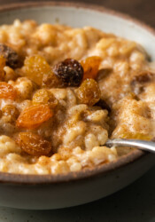 Close up view of a bowl of creamy rice pudding topped with raisins and cinnamon, with a silver spoon.