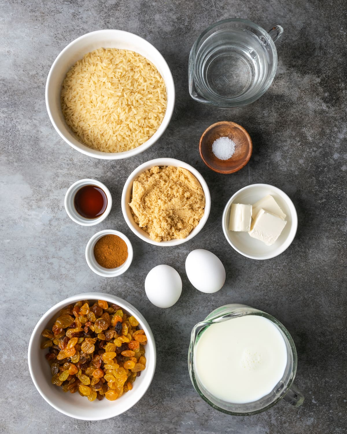 The ingredients for homemade creamy rice pudding.