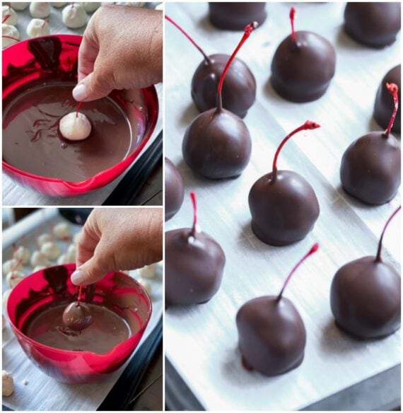 Dipping Sugar-Coated Cherries in a Bowl of Melted Chocolate
