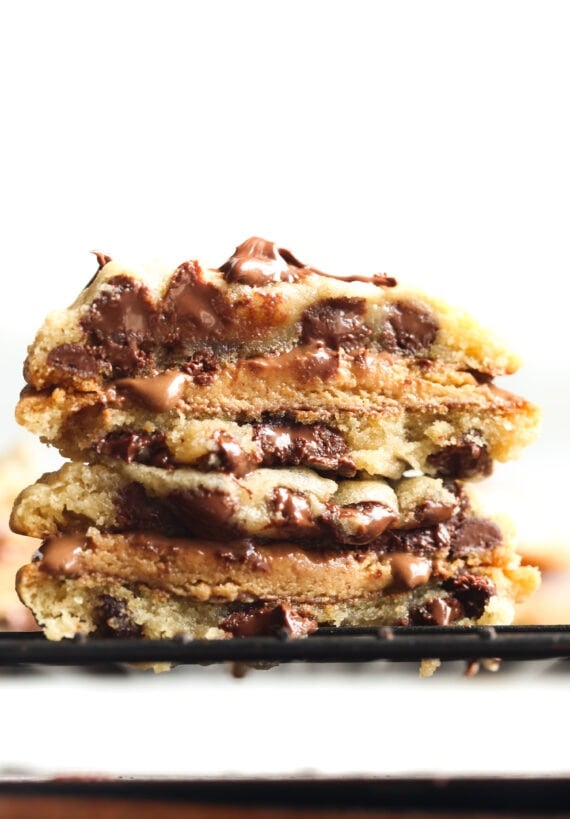 Peanut Butter Cup Cookie Sandwich cut in half and stacked