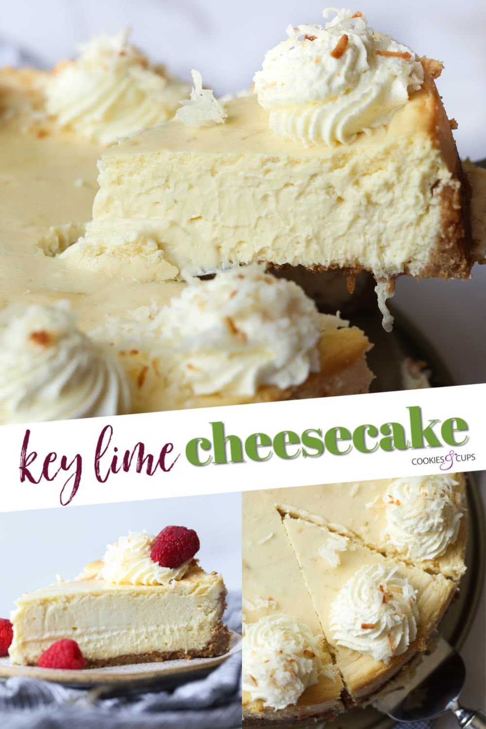 Key Lime Cheesecake is the best of both desserts in one slice. It's smooth, tangy, ultra creamy, and sits on a buttery graham cracker crust that perfectly balances the bright citrus flavor. Key Lime Cheesecake Pinterest Image