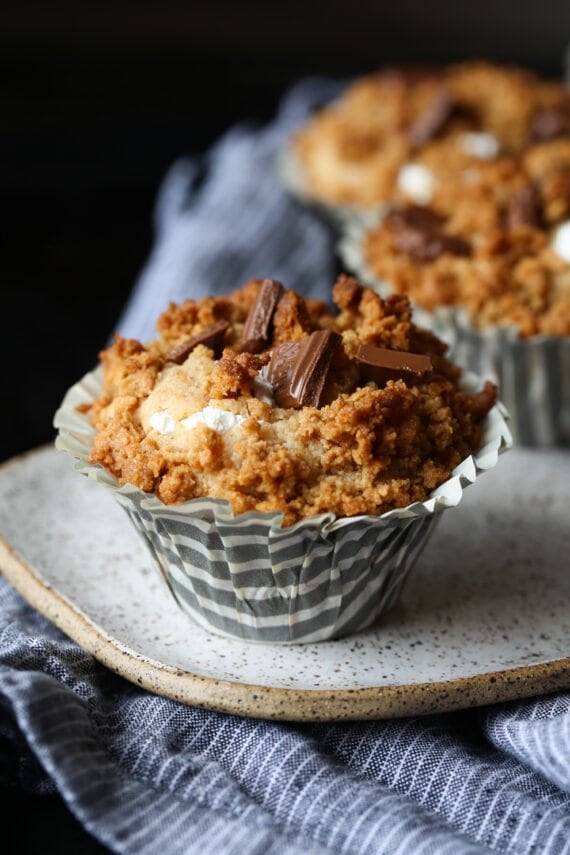 S'mores Muffins on a plate in a cupcake liner