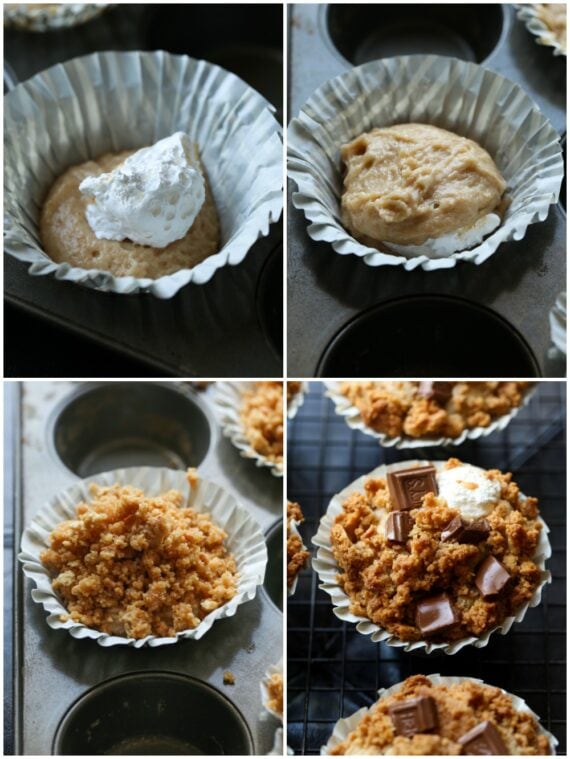 collage of pictures making s'mores muffins