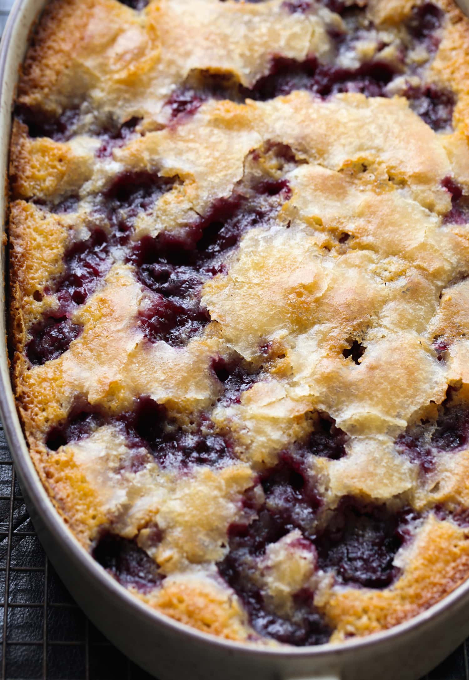 Blackberry cobbler in a baking dish just out of the oven