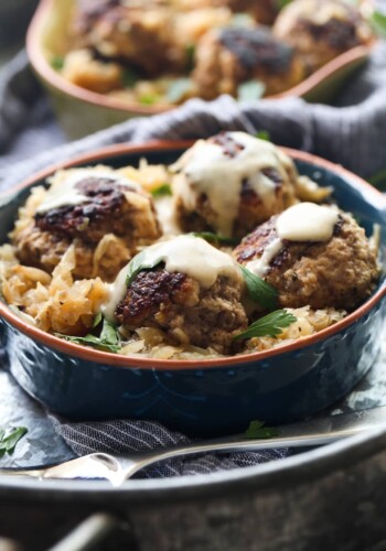 German Meatballs with Gravy in a Blue Ceramic Bowl