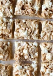 Cinnamon Toast Crunch Krispie Treats cut on a plate from above