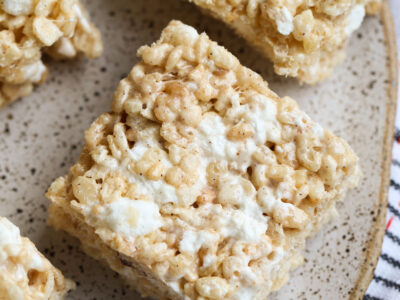 Brown Butter Krispie Treats made with pumpkin spice on a plate from above