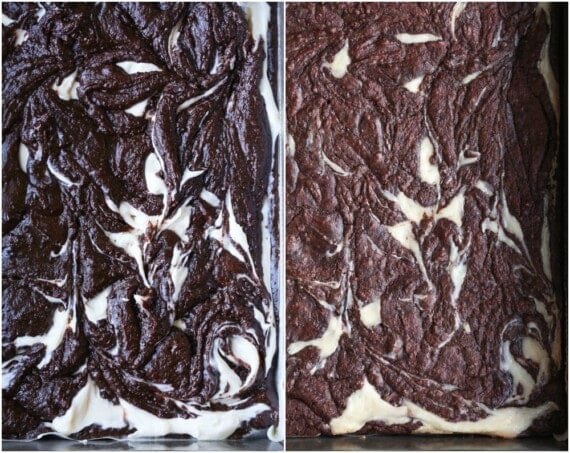 The Swirly Top of Cheesecake Brownies Before and After Baking