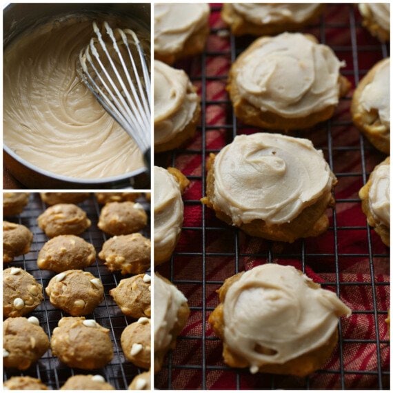 Collage of images making pumpkin cookies with brown sugar icing