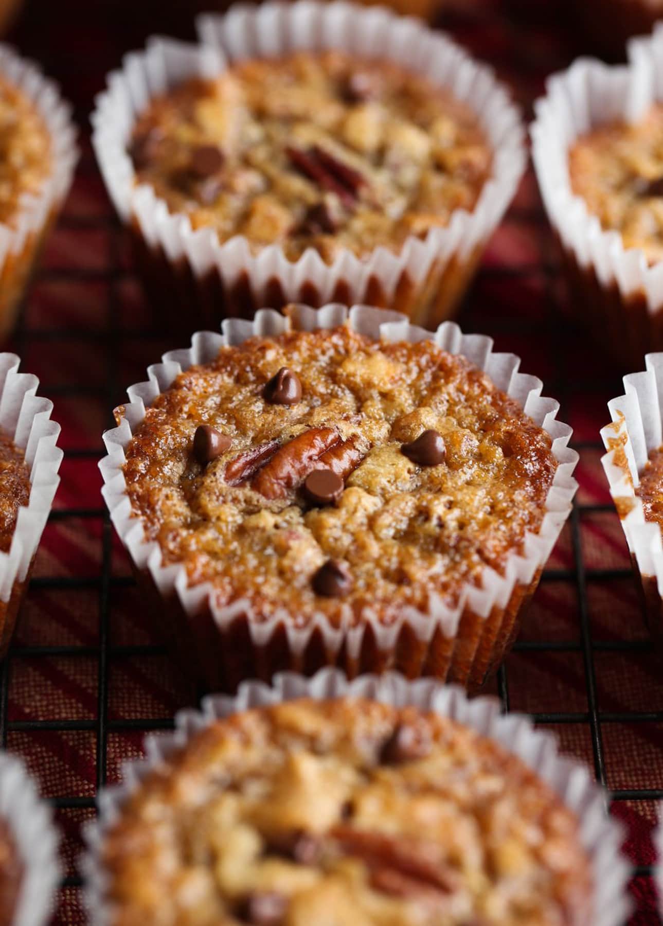 Pecan Pie Muffin from the top with mini chocolate chips