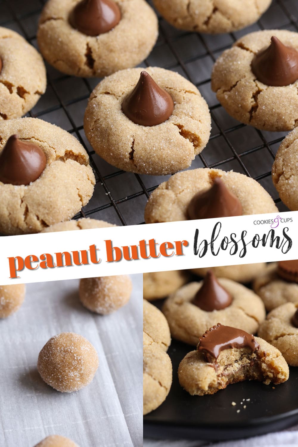 Peanut Butter Blossoms on a Cooling Rack Next to an Unbaked Cookie Dough Ball