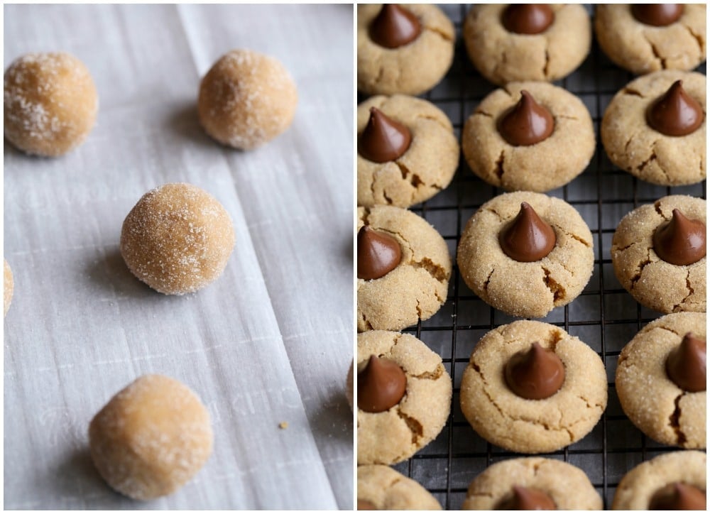 A Collage of Unbaked Peanut Butter Cookie Dough Balls and Finished Cookies