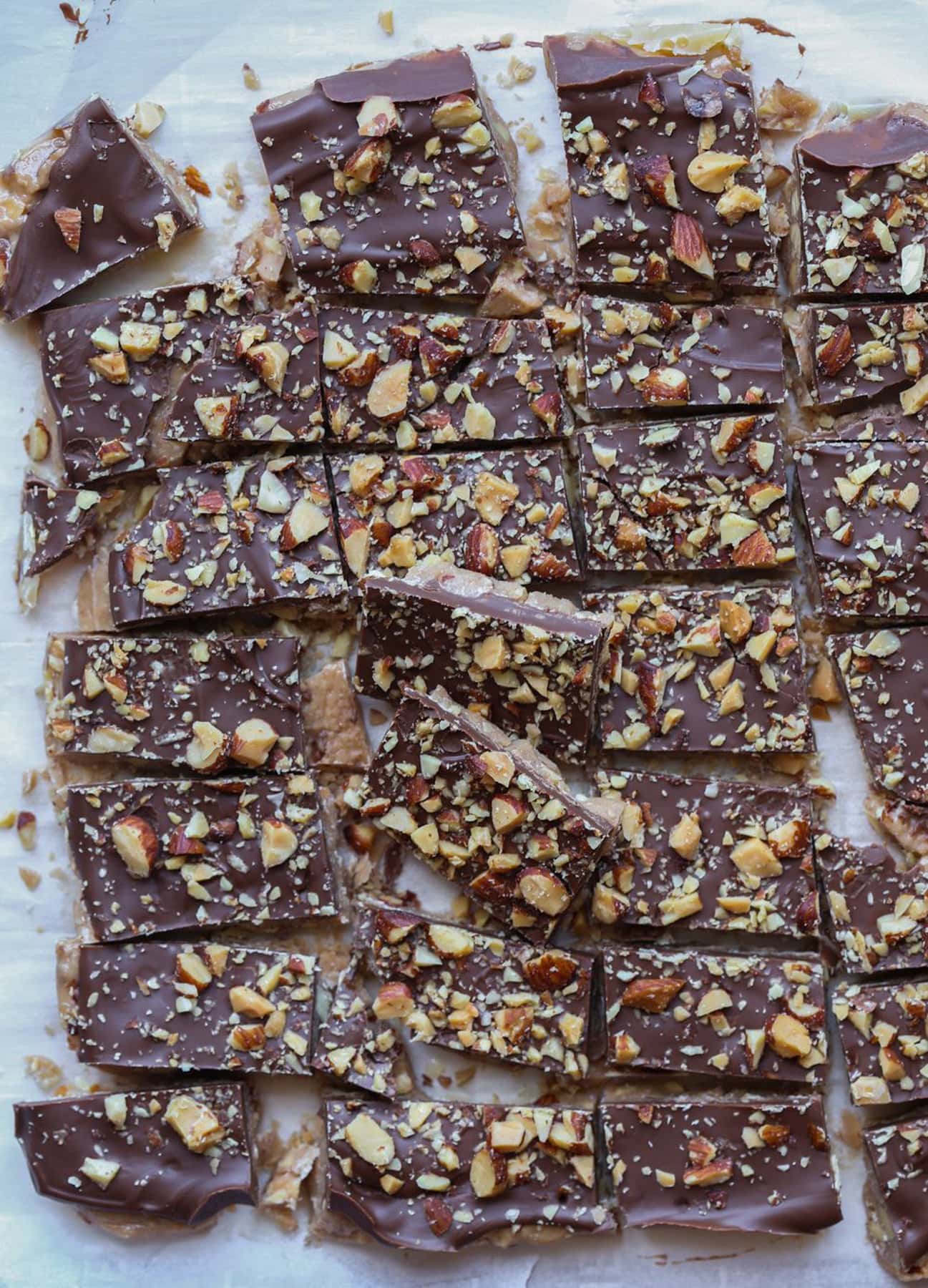 Pieces of Almond Roca Candy Topped with Crushed Almonds